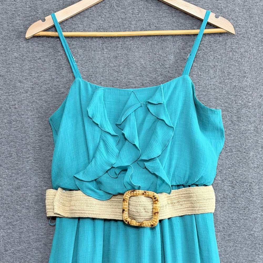Turquoise Ruffle Maxi Dress Boho Belted Spaghetti Strap Flowy Summer Coquette - Picture 2 of 5